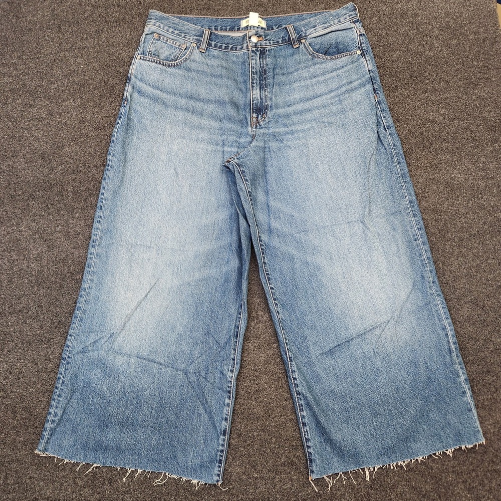 Madewell Womens 33 Blue Medium Wash Denim Superwide Leg Raw Hem Cropped Jeans